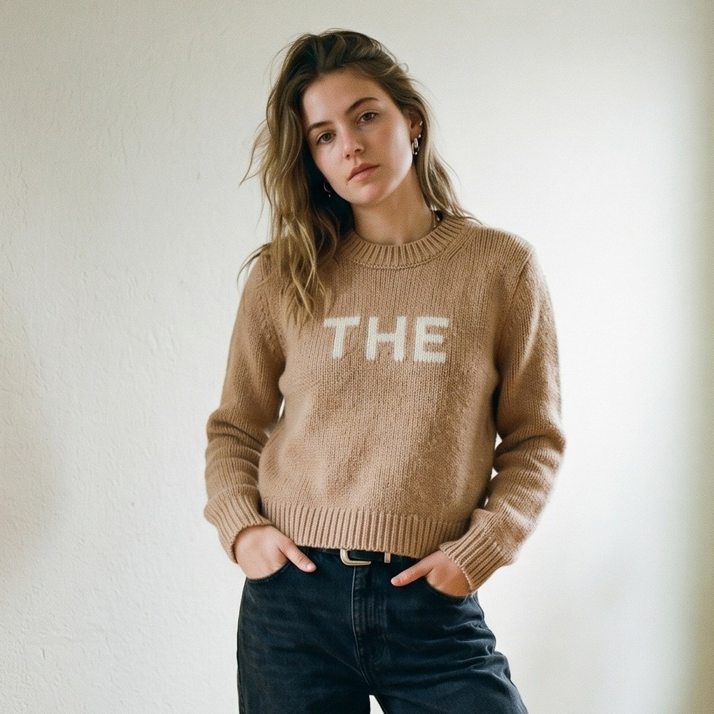 Marc Jacobs The Sweater Women Small Tan Beige Wool Blend Graphic Knit Minimalist